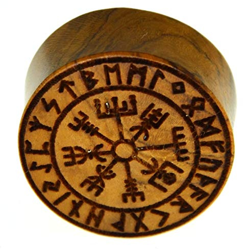 CHICNET Flesh Holz Plug Vegvisir Viking Wikinger Kompass mit Runen Ring, Double Flared Tunnel Expander Dehner aus Teakholz in braun, Lobes Piercing mit Laser Gravur für Damen und Herren,10mm - 20mm