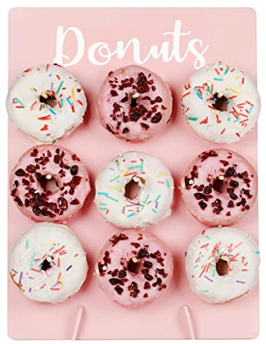 Orwhite Donut-Wandständer, Holz, wiederverwendbar, rustikaler Donut-Halter für Babypartys, Brautparty, Geburtstag, Hochzeit, Donut-Party, hält 9 Donuts (rosa, 1 Stück)