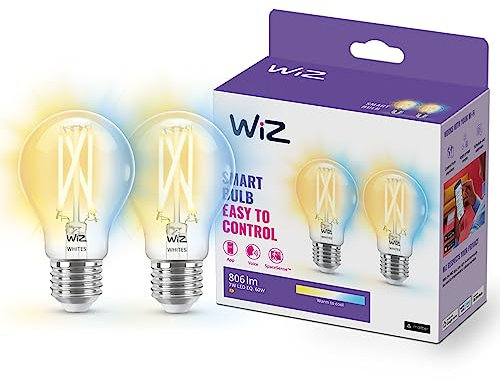 WiZ Tunable White LED Lampen E27 2er-Pack (806 lm), 60 W transparente Filament Lampen mit warm- bis kaltweißem dimmbarem Licht, smarte Lichtsteuerung über WLAN per Stimme/App