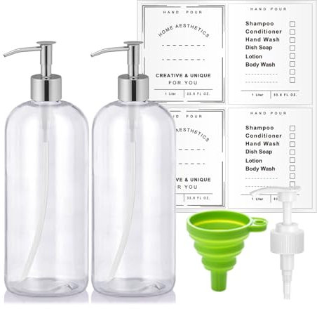 Refillable 32oz 2pack Steel Pump Dispenser Bottle, BPA-Free 1Liter Crystal Clear Multi-Use Empty Plastic Container with Funnel for Shampoo, Conditioner, Body Wash, Liquid Hand Soap, Lotion, BeautyCare
