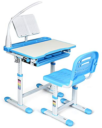 GIANTEX Kinderschreibtisch mit Stuhl, Kinderschreibtisch-Set mit Lampe & Buchständer, Kindertisch höhenverstellbar & neigungsverstellbar, Schülerschreibtisch Jugendschreibtisch Kinder (blau)