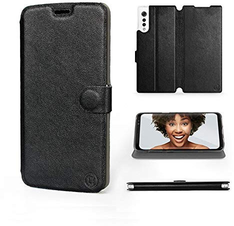MOBIWEAR | Echt Lederhülle | Kompatibel mit LG Velvet, Made in EU handyhülle, Slim Leather Case, Premium Flip Schutzhülle, Transparent TPU Silicon, Book Style, Tasche - Schwarzes Leder