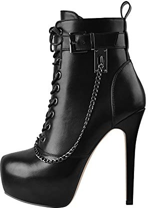 Only maker Plateau Stiefeletten mit Pfennigabsatz Schnürung Fesselschnallen Knöchelstiefel Schwarz EU 36