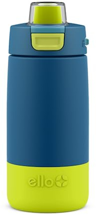 Ello Kids Colby 12oz Stainless Steel Insulated Water Bottle with Straw and Built-in Silicone Coaster Carrying Handle and Leak-Proof Locking Lid for School Backpack, Lunchbox, and Outdoor Sports, Teal