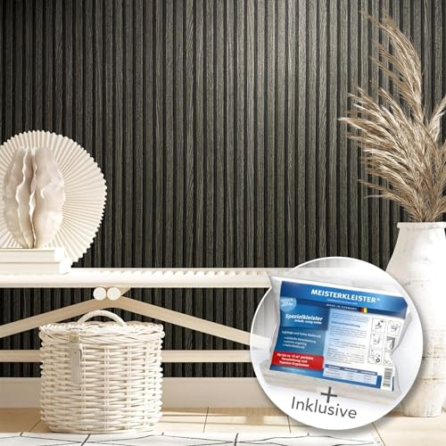 WALLCOVER Tapete inkl. Kleister Schwarz Grau Vliestapete Holzoptik Akustikpaneele Holzwand Skandi Lamellenwand Holzpaneele 3D Optik Holztapete Modern Naturholz Made in Germany