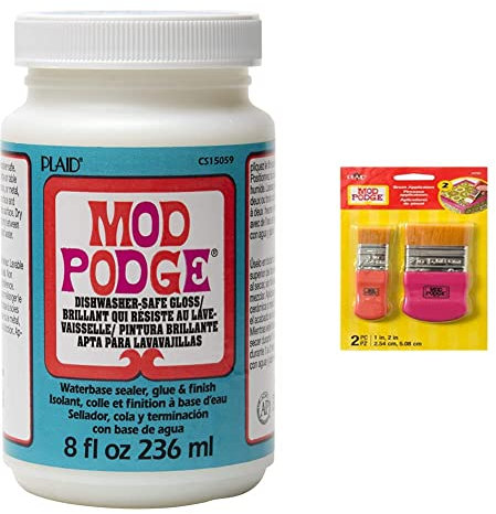 Mod Podge PLCS15059 8 oz Dishwasher Safe Gloss, & Mod Podge Foam Brush Set x4, Yellow, Orange, Pink