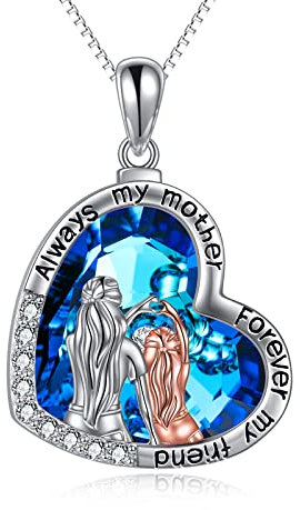 YAFEINI Kristall Mutter und Tochter Kette 925 Sterling Silber Mama Halskette Geburtstag Anhänger Muttertag Kette Schmuck Geschenke für Mama (Mutter Tochter Halskette Blauem Kristall Herzform)