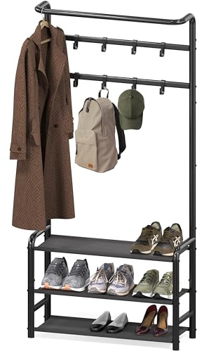 Simple Houseware Coat Rack with Shelf, Standing Hall Tree with Hooks, Black
