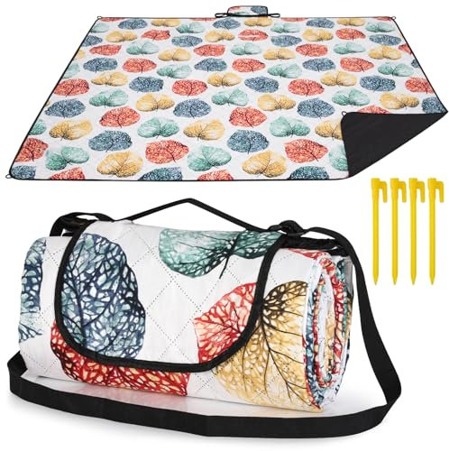 HAUSPROFI Picnic Blanket, 200 x 200 cm, Large Waterproof Picnic Mat with Carry Strap for Camping, Park, Garden, Beach, Outdoor, Machine Washable, Foldable and Portable