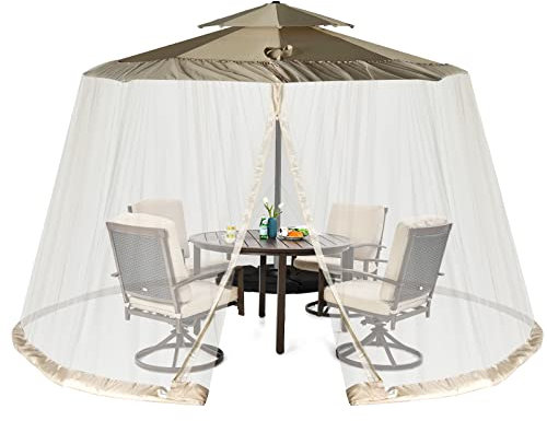 COSTWAY Moustiquaire pour Parasol en Maille Polyester, avec 2 Porte à Double Fermeture Eclair et Base Remplissable, Moustiquaire Réglable pour Parasol et Tonnelle de ø2,5 à 3 m (Beige)