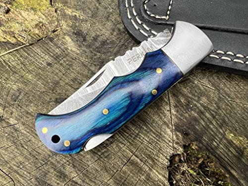 Taschenmesser Klappmesser Taschenmesser aus Damaststahl Damastmesser Outdoormesser Bushcraft Camping Jagd 1902 (Blue Pakka Wood)