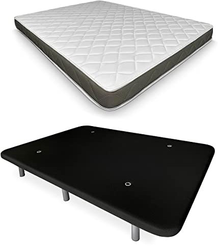 DUÉRMETE ONLINE Komplettes Bett mit wendbarer Fresh-Matratze + verstärktes, gepolstertes Untergestell in Schwarz mit 6 Metallbeinen, 90 x 190 cm