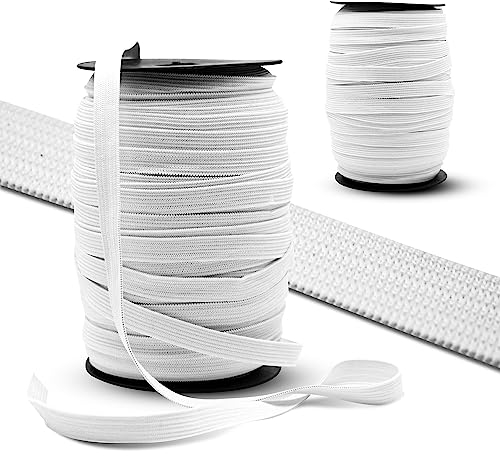 DOJA Barcelona | Cinta Elastica Coser | 50m | 10mm | Blanco | Cinta Elastica Costura de Poliéster y Goma | Bobina Goma Elastica Manualidades | Rollo Gomas Elasticas para Tapiceria, Sofa, Ropa
