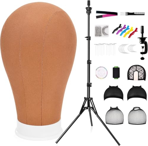 GHWMYD Perückenkopf 22 Zoll(55.8 cm) mit Perückenständer 160cm für Perücke | Mannequin Head mit Tabelle Perrückenkopfhalter, Wig Caps, T/C-Stifte, Perückenband, Perücken Kopf Zubehör Set, Braun