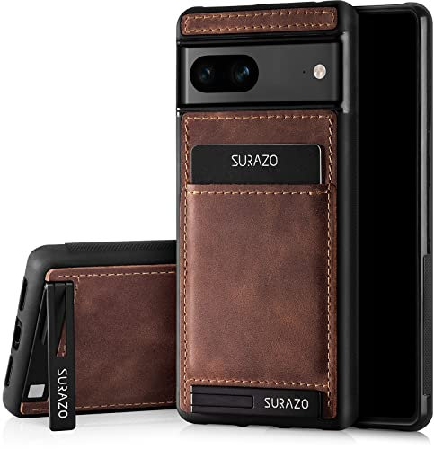 SURAZO Premium Étui de Protection arrière en Cuir véritable pour Google Pixel 7A - Anti-Chocs - avec Compartiment pour Cartes, Support, Porte-clés - Vintage - Marron Noyer