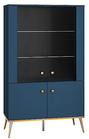 Lomadox Highboard Vitrinenschrank mit Glastüren in dunkelblau mit goldfarbenen Griffen und Füßen, B/H/T ca. 92/152/40 cm