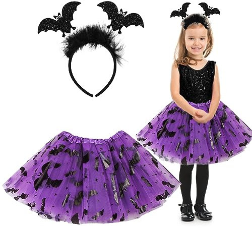 Aurasky Costume Strega Bambina, Vestito Strega Halloween, Gonna Tulle Pipistrello Viola Ragazza, Costumi Halloween Bambina, Regalo per Mascherata Cosplay Festa