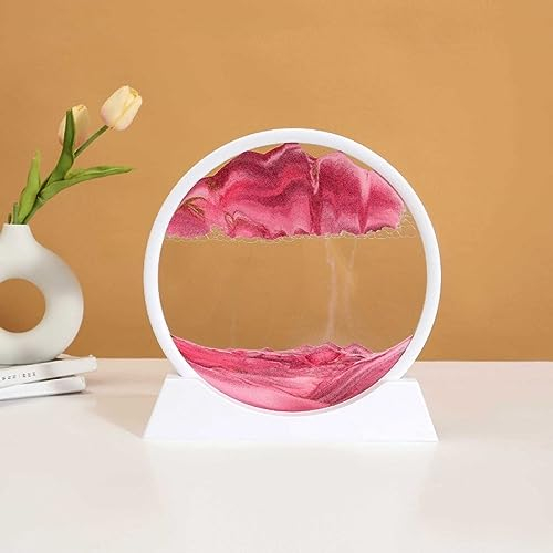 Image D'Art De Sable En Mouvement Blanc Rond 3D Paysages De Sable Dynamiques D'Art De Sable, Peinture De Sable Qui Coule, Cadre En Bois Sablier Pour Ornement De Bureau À Domicile,Rose,7 Pouces