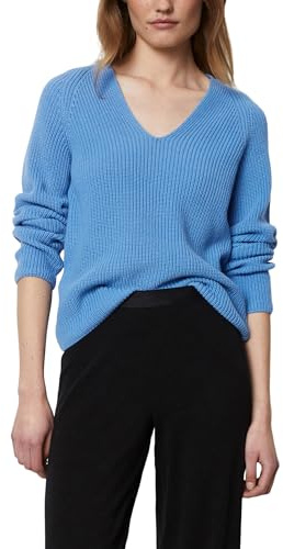 Marc O'Polo Damen Strickpullover aus Bio-Baumwolle mit V-Ausschnitt, Blau (Shiny Sky), L