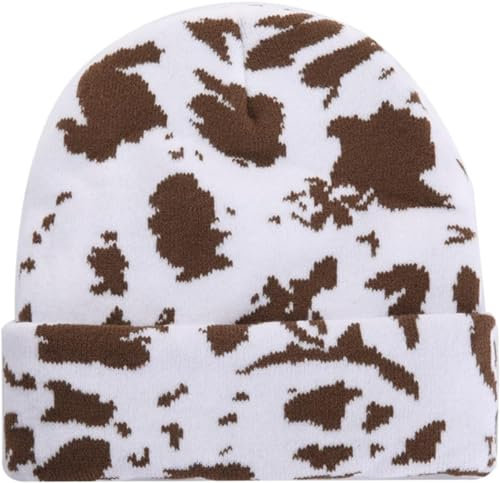 SUNAVY Mütze Damen Kuh Gedruckt Flauschige Mütze Frauen Herren Warm Gestrickte Beanie Damen,Tier Gedruckt Flauschige Wintermütze Mädchen,Winter Gestrickte Wintermütze für Alle Jahreszeiten (B)