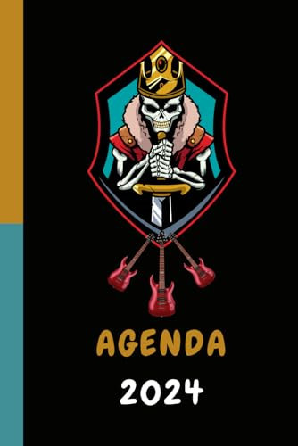 Agenda 2024: Thème rock de janvier 2024 à décembre 2024, tout en couleur, avec plages horaires de 7h à 19h, illustrations de guitares et de rockers, 194 pages au total