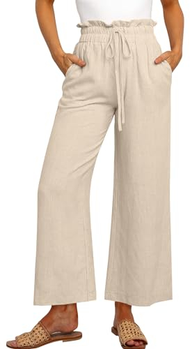 Cindeyar Leinenhose Damen Hosen Sommer Casual Leichte Palazzo Hohe Taille Einfarbig Leinen Freizeithose Sommerhose Mit Taschen und Tunnelzug (Khaki, L)