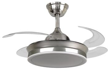 VENTILADOR APP MOVIL FACIL MONTAJE EN TECHO DC LED ATENUABLE RETRACTIL 4 ASPAS - Opción Sin Pitido, Temporizador, Control Invierno Verano, 3 Tonos, Modo Brisa, Bajo consumo (Níquel, 91D)