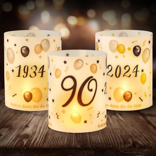 12 Windlicht Tischdeko 90 Geburtstag, Seutgjie 90. Geburtstag Jubiläum Deko Mann Frau 1934-2024 Schwarz Gold für Teelichter oder Kerzen