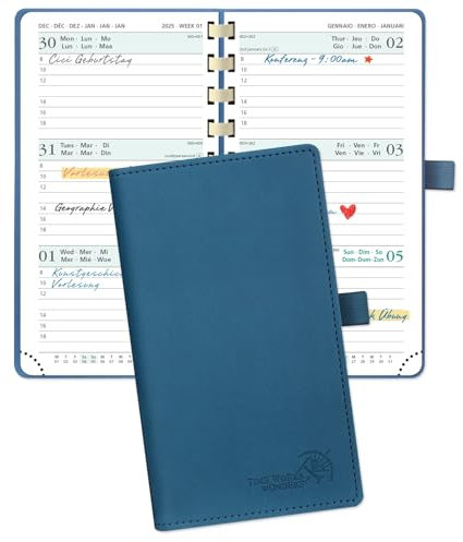 POPRUN Taschenkalender 2025 Klein 16,5 x 9 cm (Jan.2025-Dez.2025) - Kalender 2025 Klein Ringbuch mit Softcover - Terminplaner, Planer 1 Woche 2 Seite mit Kartenschlitz - Marineblau