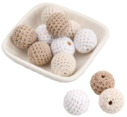 12 Stück Gehäkelt Holzperlen 20mm, Holzperlen mit Loch, Runde Häkelperlen, Handgefertigte Holzkugeln, Gehäkelte Perlen Kugeln für DIY Schmuck, Dekorationen, Halsketten und Armbänder