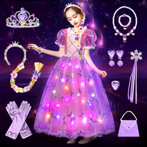 COYBTO Robe Princesse Fille, LED Deguisement Princesse avec Perruque Couronne Princesse Lumineuse, Déguisement Princesses pour Cadeau Fille, Robe de Princesses pour Carnaval Cosplay