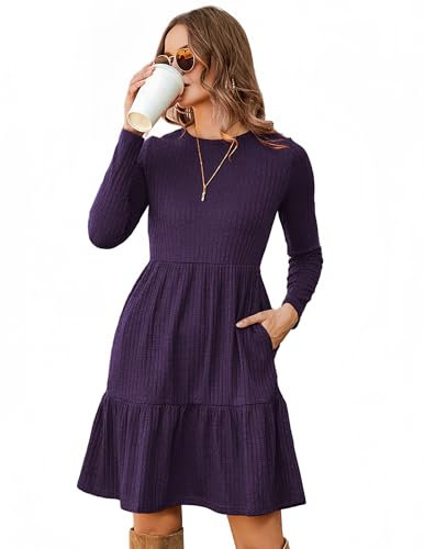 Zeagoo Vestido Otoño Mujer Casual Ligero Manga Larga Cuello Redondo Vestidos Midi Sólido con Bolsillo Violeta M