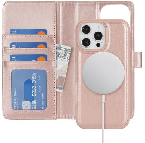 Zouzt Case for iPhone 16 Pro 6.3 Inch, 2 in 1 Detachable Wallet with Card Holder for MagSafe Magnetic Wireless Charging Premium PU Leather Flip Folio Kickstand Shockproof Cover Women, Rose Gold