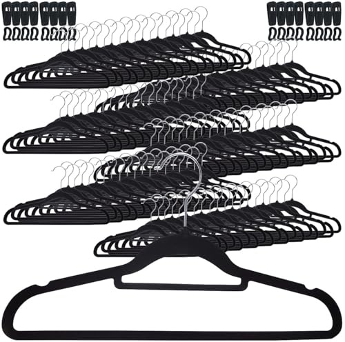 PEARL Kleiderbügel Hosen: 120 rutschfeste Samt-Kleiderbügel, Clips, 4,5 kg Tragkraft, schwarz (Verbindungsstücke, Kleiderbügelhaken)