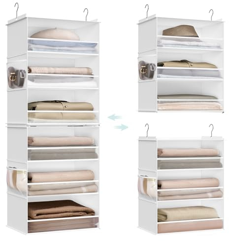 SONGMICS Hanging Closet Organizer, 6-Tier Fabric Storage Shelf, Separable Closet Hanging Shelf with Side Pockets, Foldable, Metal Hooks and Bamboo Inserts, Cloud White URCH007W01