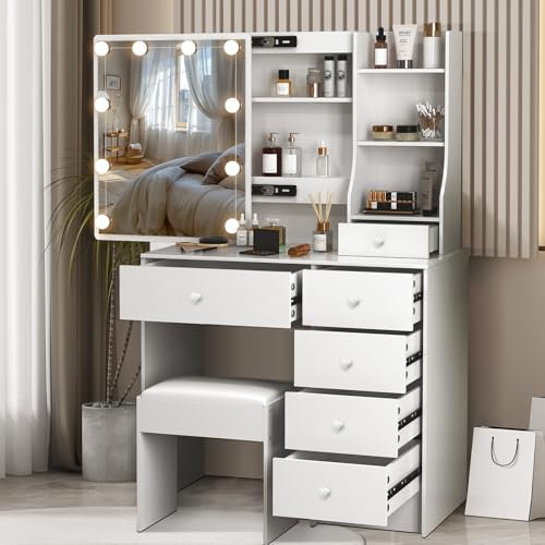 Teousev Postazione Trucco con Sgabello e Specchio, Toeletta Trucco con Luci, Toilette Trucco con 6 Cassetti e 6 Ripiani Aperti, 80X36X131cm, Moderno, Bianco, JR410106