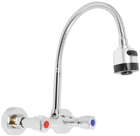 Edelstahl Wasserhahn Wandmontage, 360° Kalt und Heiß Küchen Wasserhahn, Sanfter & Spritzfreier Wasserabfluss, 2 Wasserabgabemodus, Einhebelmischer Wandarmatur, Silber