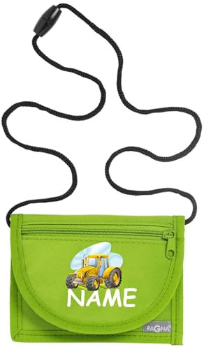 Kiwistar - Brustbeutel hellgrün - Traktor - 13 x 10 cm Geldbeutel zum umhängen - Geldbörse für Jungen & Mädchen mit Namen individuell personalisiert