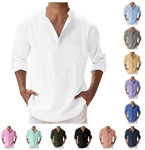 Chemise Homme, Chemises en Lin Solid Homme Élégant Slim Fit Casual Col en V Manche Longue Leger en Coton Lin Été Grande Taille Tops De Plage Chic Col Mao Décontractée Classique Henley Shirt