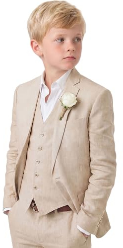 Kismissal Boys Linen Suit 3 Pieces Blazer Vest Pants Summer Long Sleeve Beach Wedding Suits,Beige,8