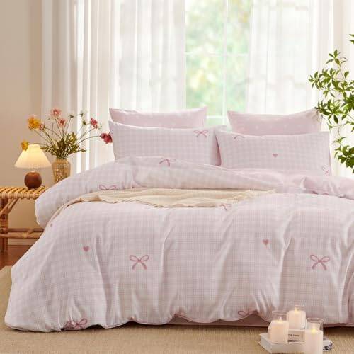 Freyamy Housse de Couette 140x200 Noeud Papillon Rayures Rose Parure de lit | Linge de Lit 1 Personne Filles, Fermeture Éclair, Housse Couette en Microfibre, 1Taie d'oreiller 65x65cm, Certifié Oeko-Tex