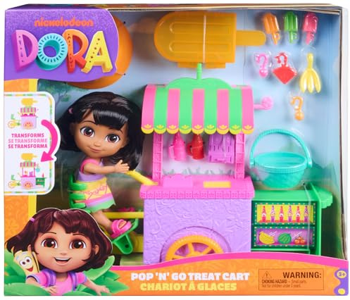 Dora, Pop 'N' Go Treat Cart with 15 Pieces, Transforming Cart & Toy Storage with 6-inch Dora Figure, Kids Toys for Girls & Boys Ages 3 and Up