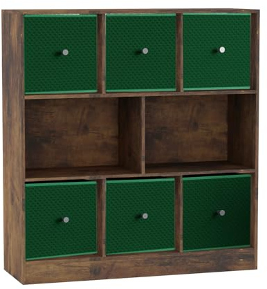 URBNLIVING 8 Cube Asymmetrical Bookcase with 6 Fabric Storage Drawers, Modern Freestanding Shelving Unit for Books, Toys & Decor, Engineered Wood Organizer Cabinet for Home & Office