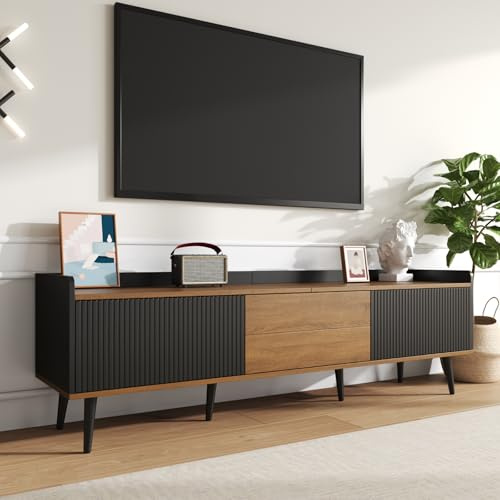 160cm TV Schrank, Fernsehtisch mit 3 Türen, TV Lowboard für Fernseher bis zu 68 Zoll, Fernsehkommode mit Stauraum,für Wohnzimmer, Schlafzimmer, 160x39x49.5cm, Schwarz und Natur (Schwarz + Natur)