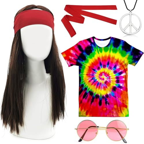 5 Stücke Hippie Kostüm Herren 70er, 70er Jahre Outfit Herren mit Hippie T-Shirt Perücke Brille Peace Halskette Stirnband, Flower Power Kostüm für Karneval Fasching Fastnacht
