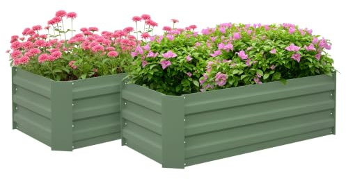 Outsunny 2 Jardineras Exterior Grandes Acero Galvanizado 100x50x30 cm Verde | Huertos Urbanos, Maceteros Exterior Elevados para Plantas, Flores, Terraza, Resistente a la Intemperie