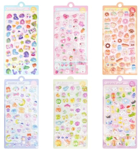 PLUSHCEWT 6 Stück 3D Sticker Puffy Stickers Set, Cartoon Cute Stickers, A | Aufkleber für Handyhüllen Notebooks Scrapbook, Kawaii Tiere Aufkleber, Wasserdicht Mini Aufkleber für Rewards and Decoration