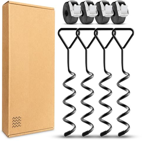 JUNIERS Bodenanker Trampolin Set – 4X Erdanker zum Eindrehen inkl. 2,5m XXL Spanngurte – Sturmfeste Befestigung für Trampolin, Schaukel, Pavillon & Gartenhaus – Rostfrei & Extra Sicher