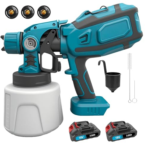 Farbsprühsystem Akku mit 2 x 3000mAh Akkus und Ladegerät（300W） | 1400ml Behälter, ,3 Düsen & 3 Spritzmuster, Reiner Kupferspritz, Elektrisch Farbpistole für Wände, Türen, Holz, Metall