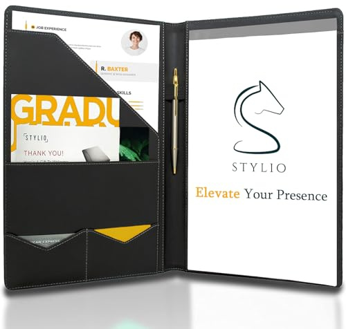 STYLIO Padfolio Portfolio Organizer Binder | Interview Resume Folder, Legal Document, Business Card Holder |w/Letter-Sized Notepad | Handsome Piano Noir Faux Leather Folio Matte Finish, Accent Stitch